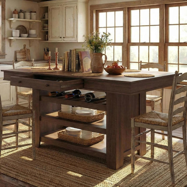 Counter Height Dining Table with Wine Rack & Storage Drawers