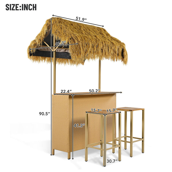 Hawaiian Outdoor Bar Table and Stools Set – 3-Piece Patio Bar Set with PE Grass Canopy
