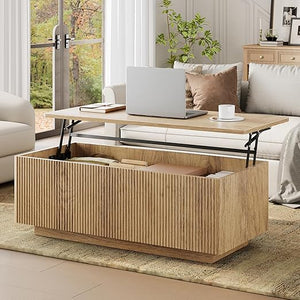 Lift-Top Coffee Table with Hidden Storage & Fluted Wood Design