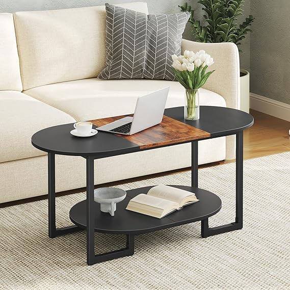 Oval Coffee Table with 2-Tier Open Storage Shelf