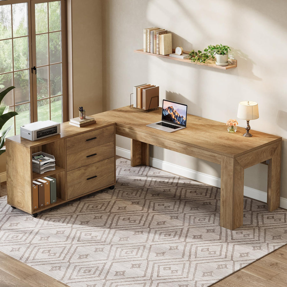 63" L-Shaped Executive Desk with File Cabinet, Drawers & Shelves