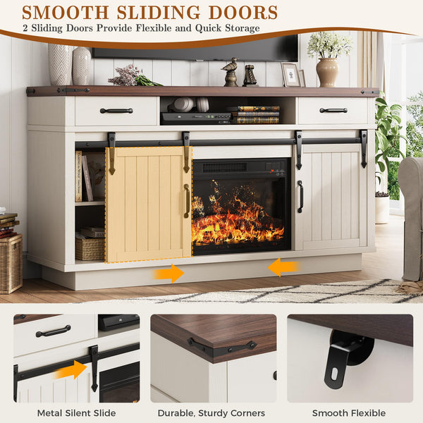 Farmhouse Electric Fireplace TV Stand with LED Light & Sliding Barn Door