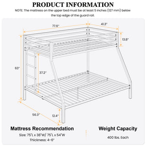 Twin Over Full Metal Bunk Bed with Ladder and Guardrail