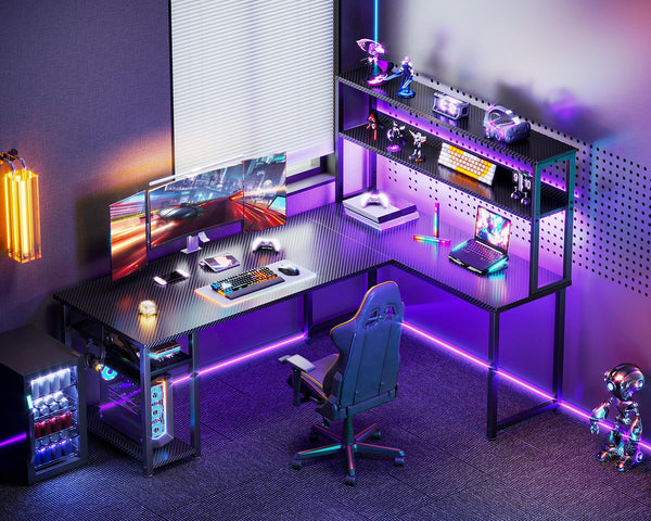 L-Shaped Gaming Desk with Hutch & Storage Shelves