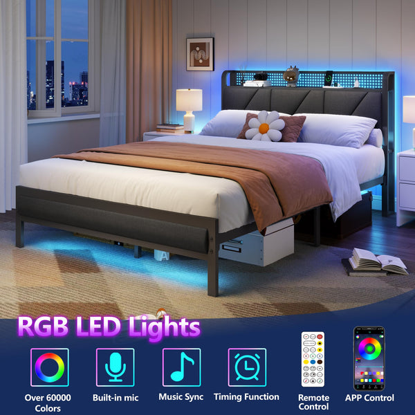 Metal Platform Bed Frame with LED Headboard & Charging Station