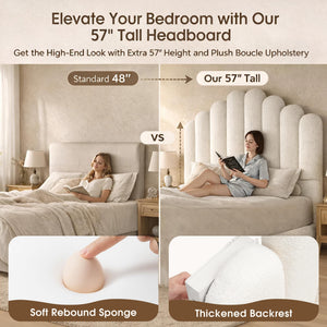 White Boucle Upholstered Bed Frame with 57" Headboard