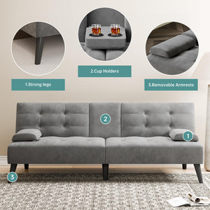 Convertible Futon Sofa Bed with Cup Holders & Adjustable Backrest