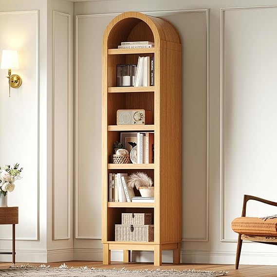 69" Tall Skinny Bookshelf with Arched Top & Adjustable Shelves