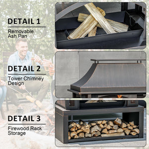 39" Outdoor Wood Burning Fire Pit with Chimney & Wood Storage
