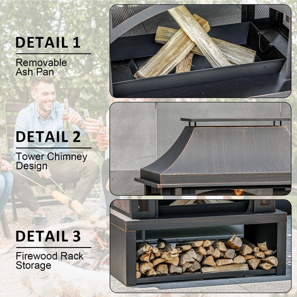 39" Outdoor Wood Burning Fire Pit with Chimney & Wood Storage