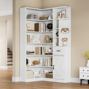 L-Shaped Corner Bookshelf, 6-Tier with Drawer & Cabinet