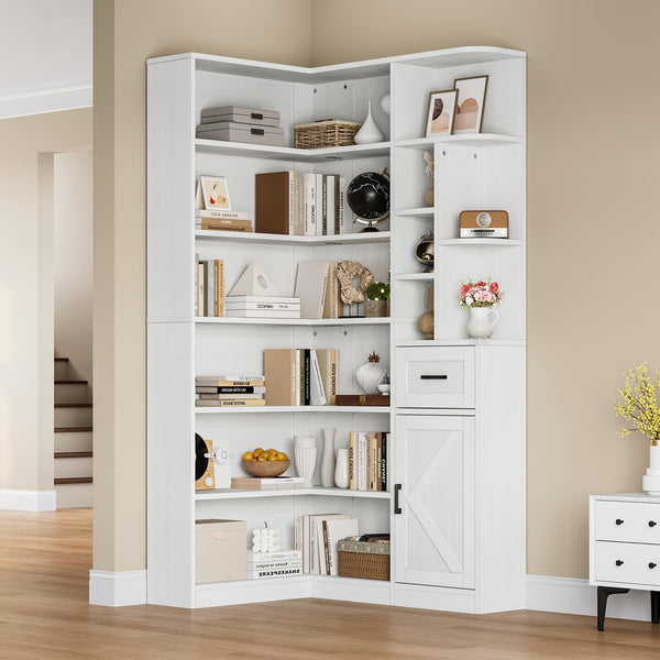 L-Shaped Corner Bookshelf, 6-Tier with Drawer & Cabinet