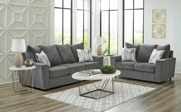 Gray Loveseat with Flared Arms & Accent Pillows