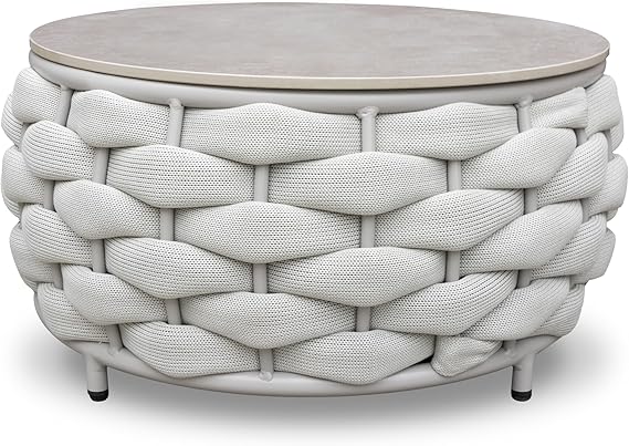Round Woven Rope Outdoor Coffee Table with Sintered Stone Top