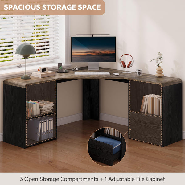 59-Inch L-Shaped Desk with Power Outlets & File Drawer