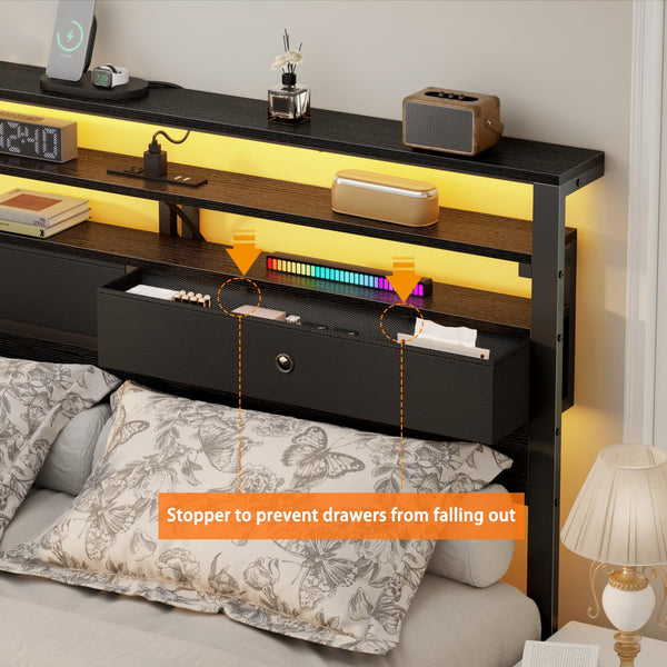 Full Size Platform Bed Frame with LED Lights, Charging Station & Storage Drawers