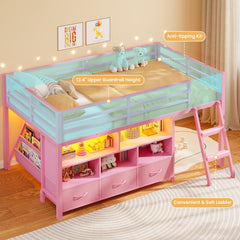 Twin Low Loft Bed with Storage Drawers, Bookshelf & LED Lights