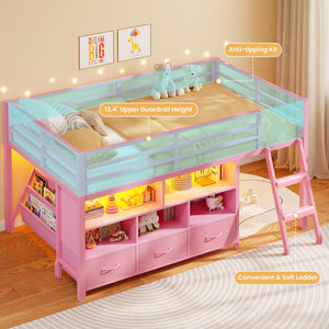 Twin Low Loft Bed with Storage Drawers, Bookshelf & LED Lights