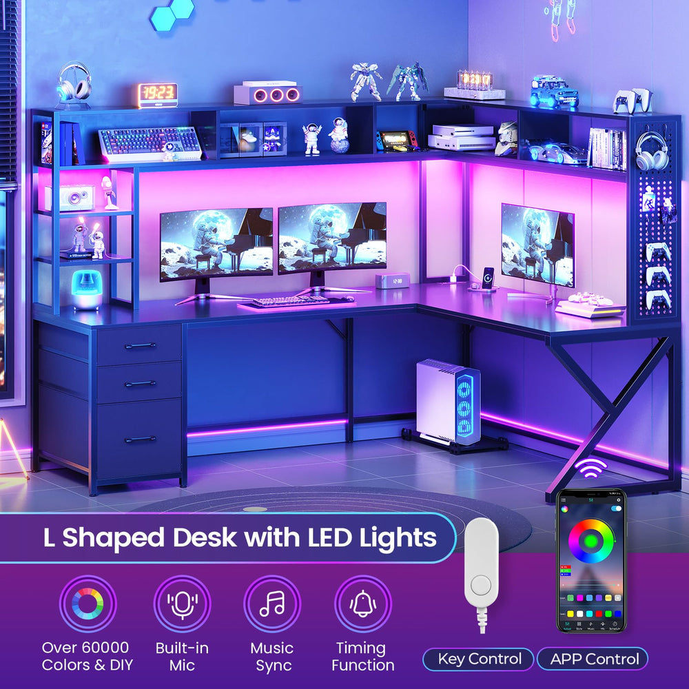L-Shaped Gaming & Computer Desk with Storage, LED Lights & Power Outlet