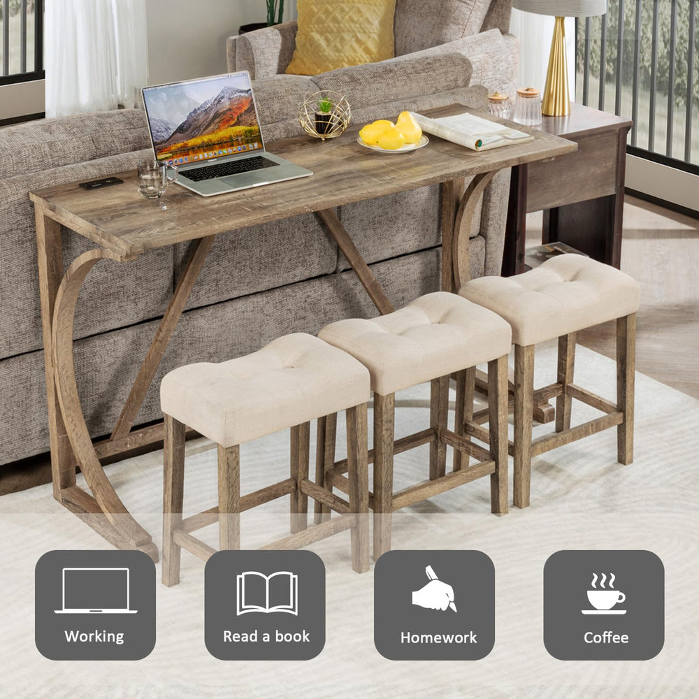 4-Piece Bar Table Set with USB Port & Upholstered Stools