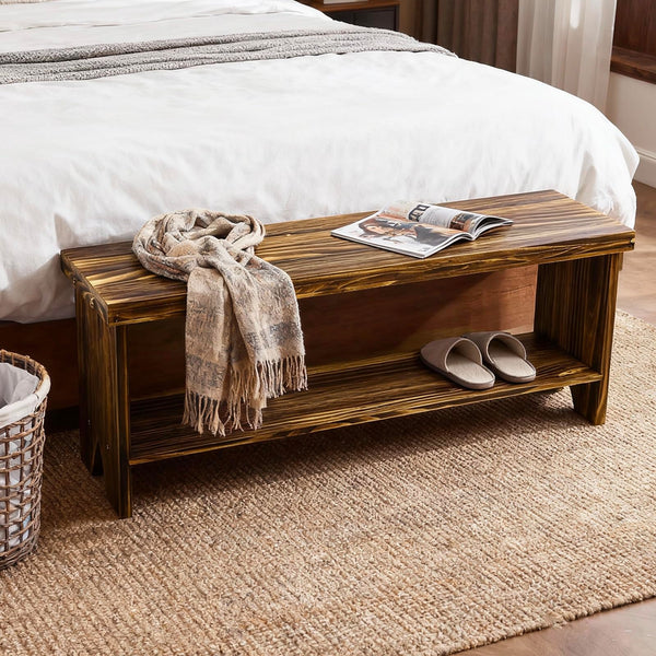 43" Solid Wood Farmhouse Entryway Bench with Storage Shelf