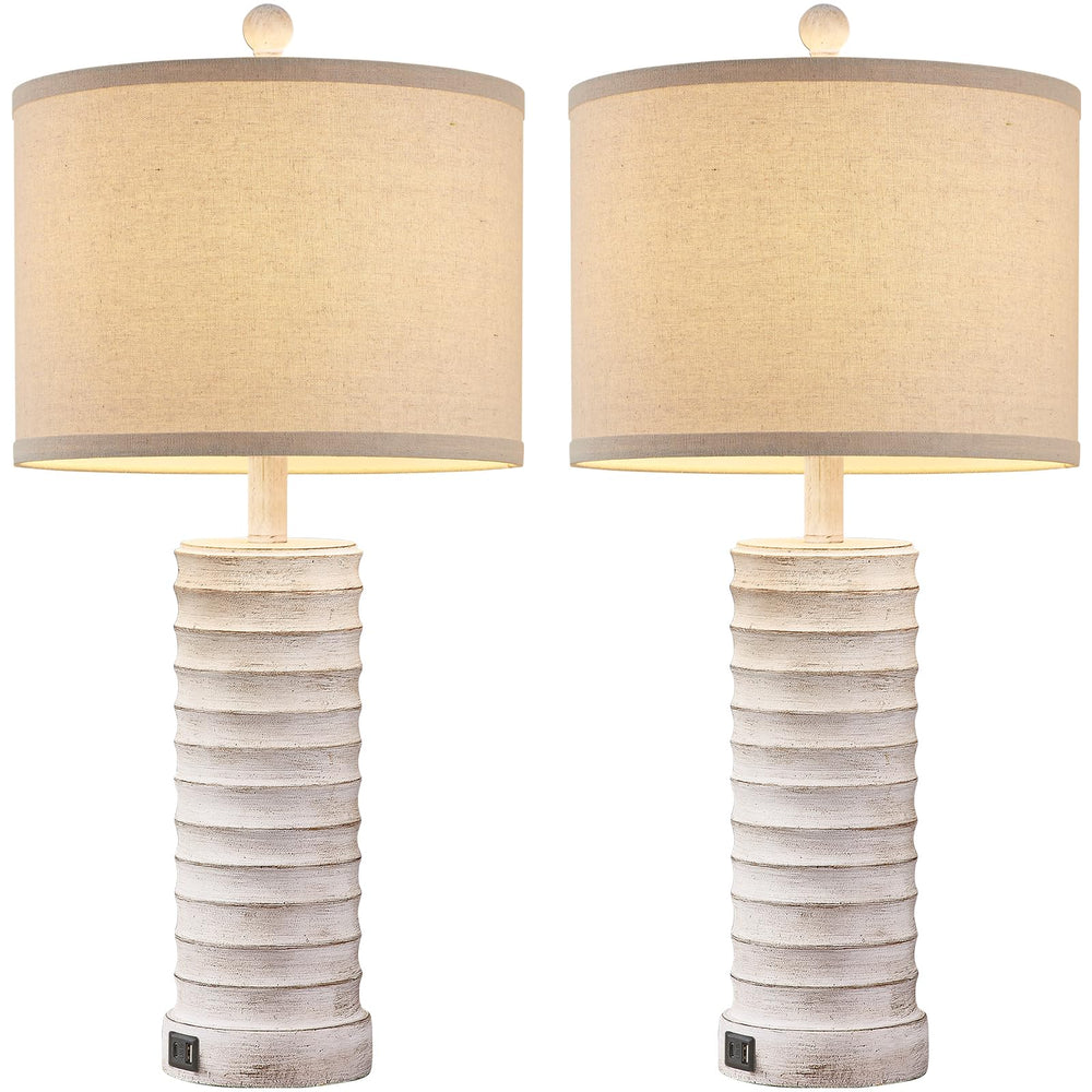 Farmhouse Table Lamps Set of 2 with USB Ports – Rustic Bedside & Living Room Lighting