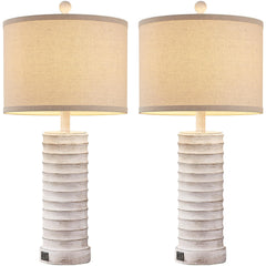 Farmhouse Table Lamps Set of 2 with USB Ports – Rustic Bedside & Living Room Lighting