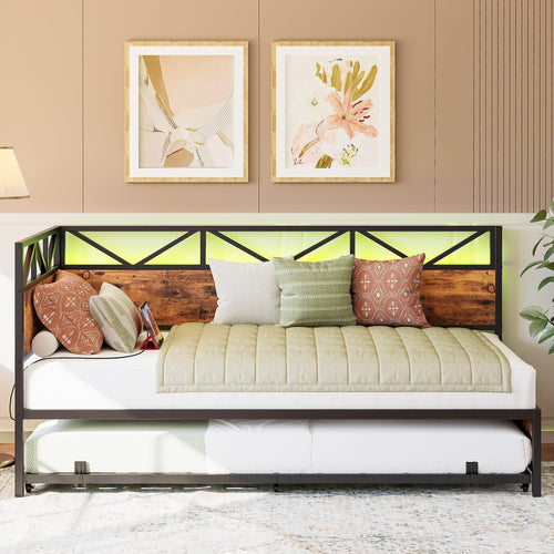 Twin Daybed with Trundle, RGB LED Lights & Charging Station