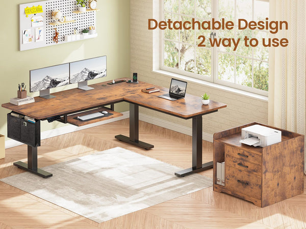 L-Shaped Electric Standing Desk with File Cabinet