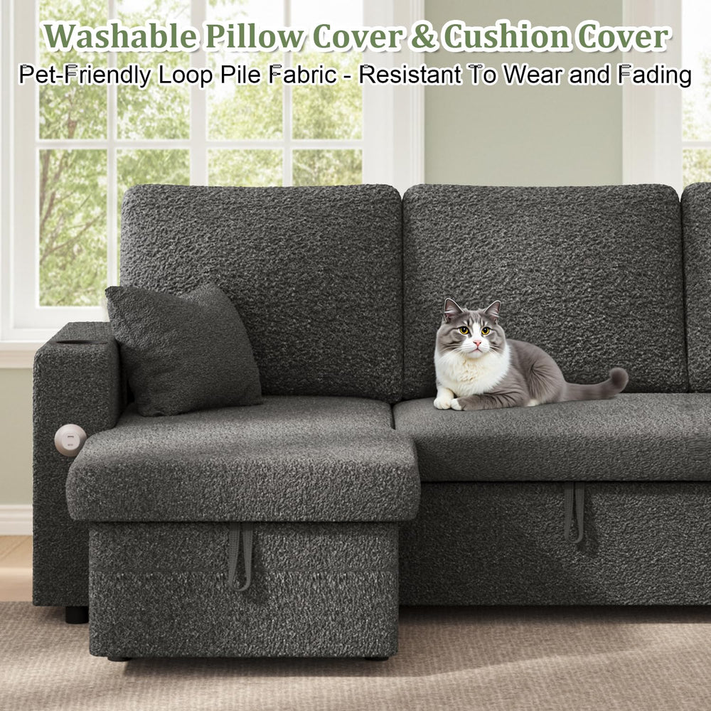 L-Shaped Sectional Sleeper Sofa with Storage Chaise, Charging Ports & Cup Holders