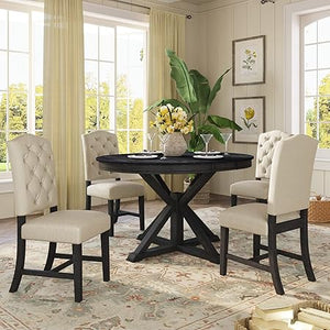 5-Piece Extendable Round Dining Table Set with 4 Upholstered Chairs