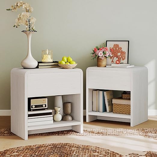 Nightstand Set of 2 with Drawer & Open Shelves – Curved Bedside End Table