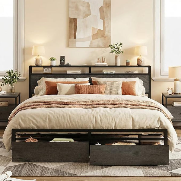 King Bed Frame with Storage Headboard, 2 Drawers & Charging Station