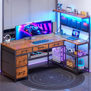 L-Shaped Desk with Hutch, 5 Drawers, Storage Shelves, Power Outlet & LED Lights