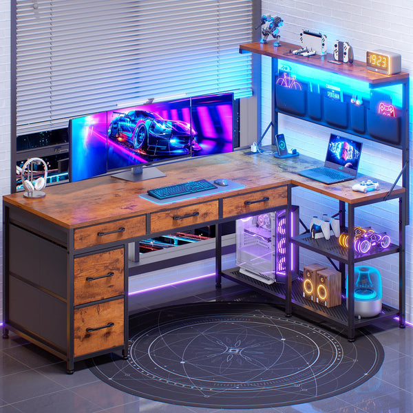 L-Shaped Desk with Hutch, 5 Drawers, Storage Shelves, Power Outlet & LED Lights