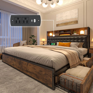 Queen Bed Frame with Storage Drawers & Charging Station