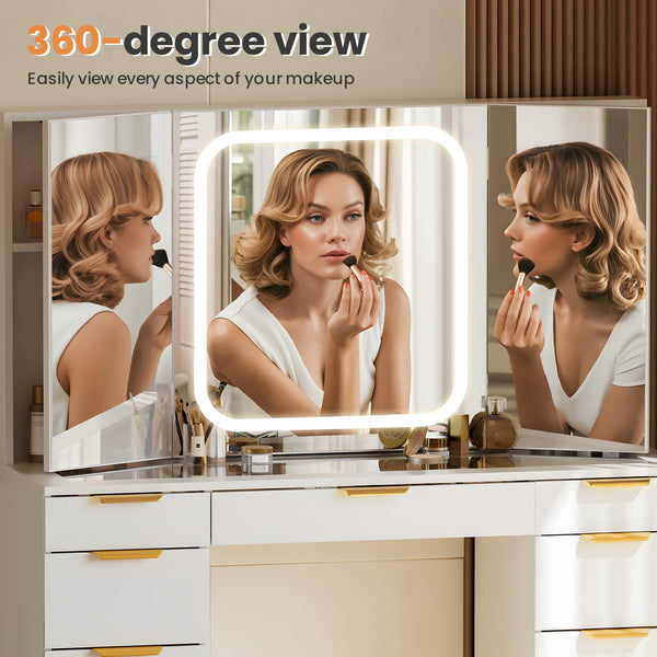 11-Drawer Vanity Desk with Foldable Mirror & LED Lights