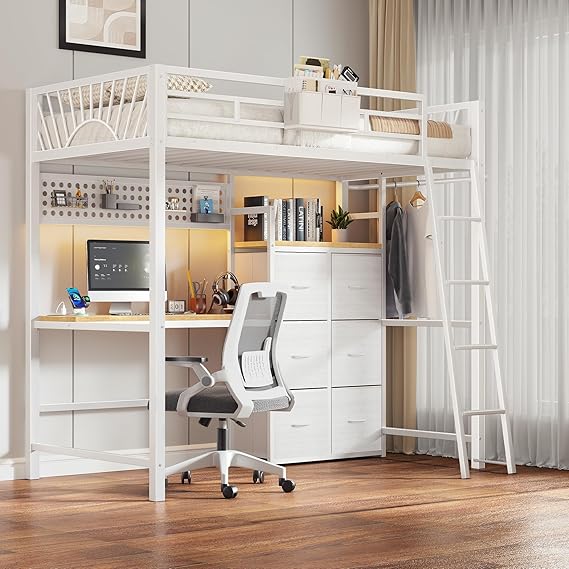 Twin Loft Bed with Desk, Storage Drawers & LED Lights