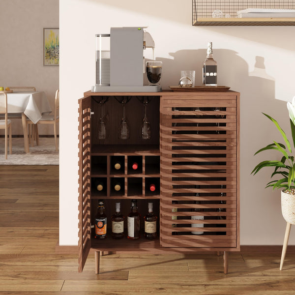 Mid-Century Bar Cabinet with Wine Rack & Slatted Doors
