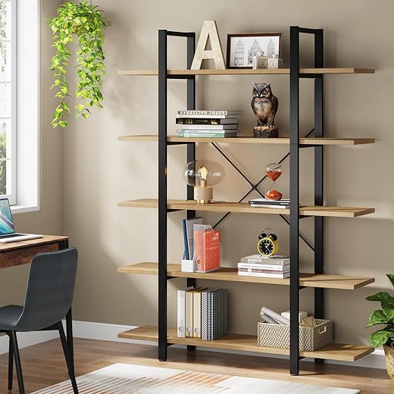 5-Tier Industrial Bookshelf 72" Tall – Metal Frame & Wood Shelves