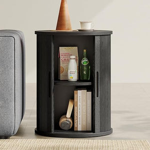 Round Fluted End Table with Sliding Tambour Door