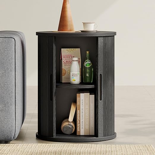 Round Fluted End Table with Sliding Tambour Door