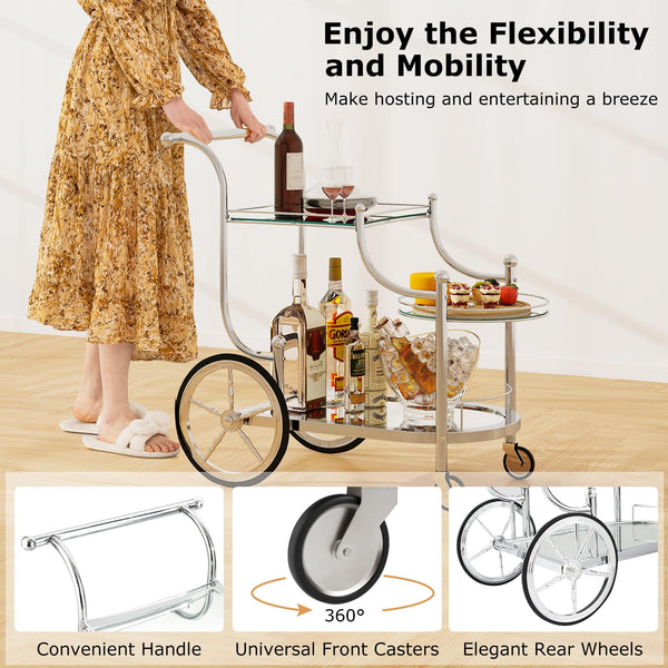 3-Tier Rolling Bar Serving Cart with Glass Shelves