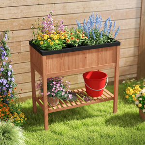 2-Tier Wooden Raised Garden Bed with Storage Shelf