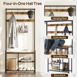 4-in-1 Hall Tree with Coat Rack, Shoe Bench & Storage Shelves