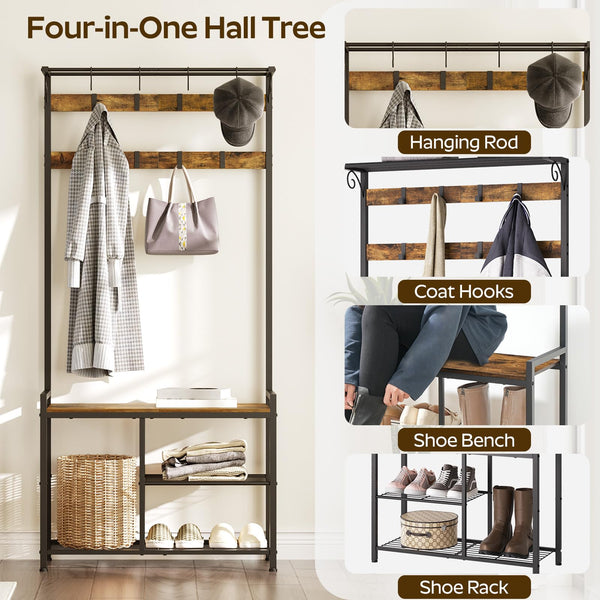 4-in-1 Hall Tree with Coat Rack, Shoe Bench & Storage Shelves