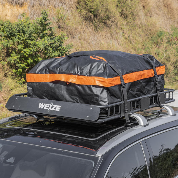 Adjustable Roof Cargo Basket with Bag, Net & Straps – Steel Rack for SUV, 200 lb Capacity