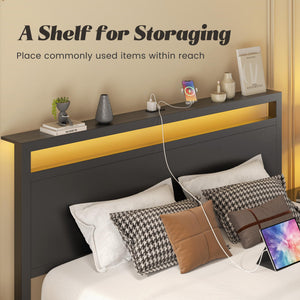 Queen Bed Frame with LED Headboard, Charging Station & Under-Bed Storage