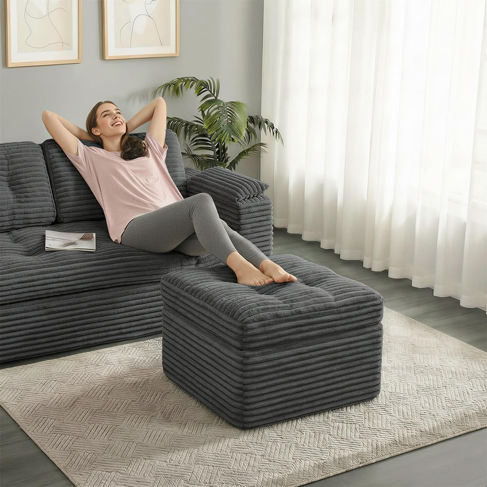 Corduroy Pouf Ottoman with Dual-Layer Support – 23.6" Round Floor Footstool