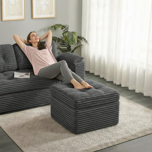 Corduroy Pouf Ottoman with Dual-Layer Support – 23.6" Round Floor Footstool